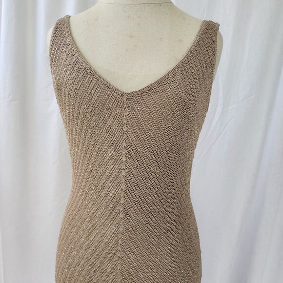 Carmen Marc Valvo Knit crochet Maxi Dress L tan gold All-over beaded formal vtg - Picture 10 of 13